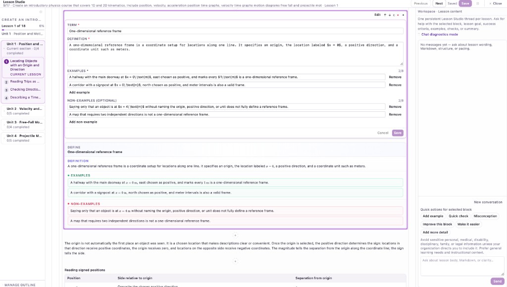 Pestal Lesson Studio showing a physics course outline, editable fields for a definition and examples, the rendered lesson, and an assistant workspace.